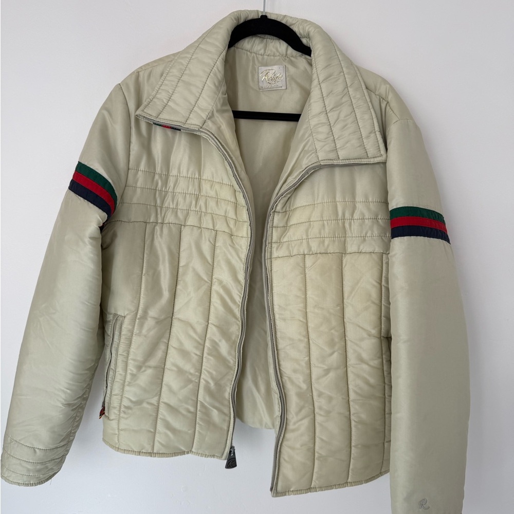 Vintage Robbe Quilted Ski Jacket Cream with Red Blue Green Stripes Retro Winter